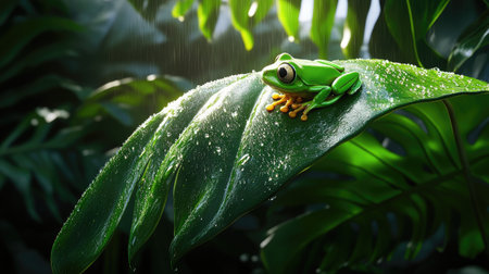 A bright green tree frog perched on a large tropical leaf with morning dewの素材
