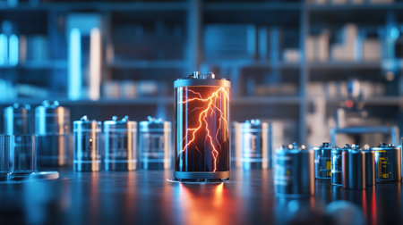 A battery prototype with a lightning effect inside, placed on a table among other batteries in a laboratory, symbolizing advanced energy research. Concept: Battery Research, Lightning Effect, Labの素材