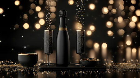A sleek black champagne bottle pouring bubbly into matching black glasses, set against shimmering lights for an elegant, modern midnight celebrationの素材