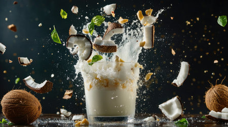 A dramatic splash as cracked coconut halves fall into a glass of rich coconut milk, creamy drops frozen midair in a delicious tropical explosionの素材