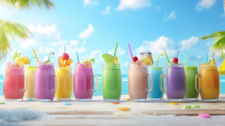 Refreshing smoothies in vibrant flavors lined up with a sunlit beach scene behind them, capturing relaxation and tropical funの素材