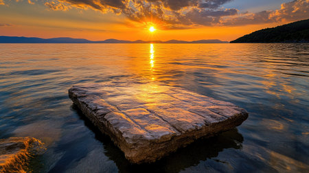 A serene stone platform rests on calm water, glowing orange and gold as the setting sun paints the horizon with warmth and tranquilityの素材