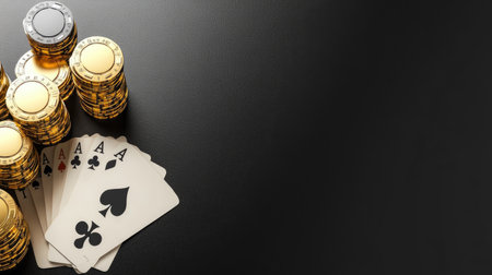 Modern 3D illustration of golden poker chips and aces on a sleek black background, with open space for branding or promotional textの素材