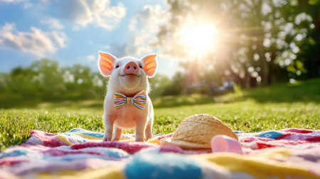 A miniature pig wearing a tiny bowtie standing on a picnic blanketの素材