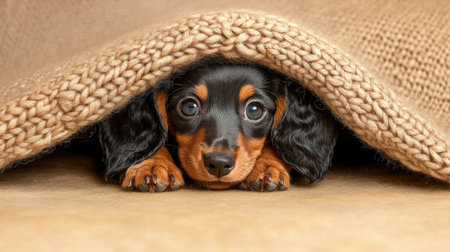 A dachshund puppy peeking out from under a cozy knitted blanketの素材