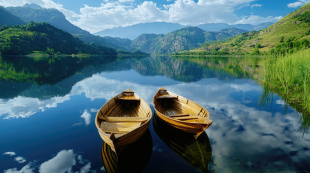 Wooden boats glide over a still lake, reflecting towering mountains in the distance, capturing a timeless, peaceful landscapeの素材