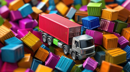 A close-up of a container truck surrounded by colorful cargo boxes, capturing the complexity and energy of global trade and transportの素材