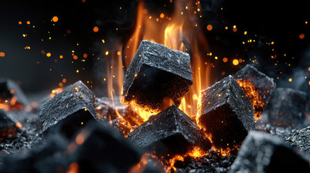 A close-up of glowing charcoal briquettes mid-combustion, fiery embers and ash capturing the dynamic transformation from solid to flameの素材