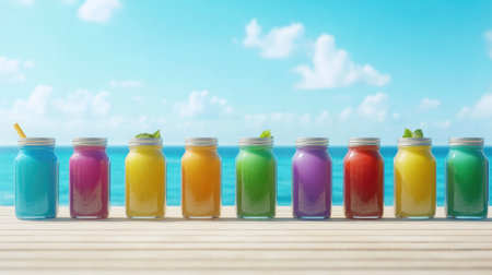 A line of colorful smoothies in glass jars sits against a bright beach backdrop, evoking a breezy, refreshing summer vibeの素材