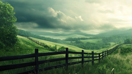 A beautiful, lush green landscape with rolling hills and a winding black fence under a cloudy sky, capturing the peacefulness of nature's beauty. Concept: Lush Green Landscape, Rolling Hills, Winding Black Fence, Cloudy Skyの素材