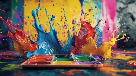 A dynamic scene featuring a colorful paint palette with splashes, vibrant paint pooling, and a canvas in the background, perfect for artistic expression. Concept: Colorful Paint Splashes, Art Palette, Creative Setupの素材