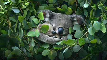 A koala joey clinging tightly to its mother back among eucalyptus leavesの素材