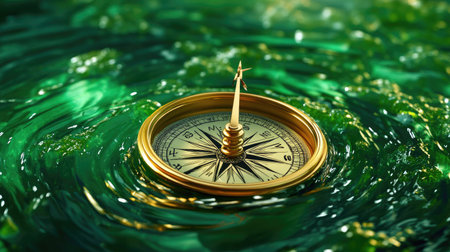 A golden compass rests atop a swirling emerald green surface, its needle pointing north, symbolizing guidance, journey, and explorationの素材