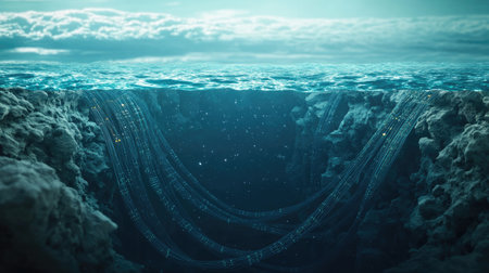 A 3D-rendered image of Earth, with fiber optic cables submerged beneath the ocean, showcasing global digital connectivity. Concept: Earth, Fiber Optic Cables, Global Networkの素材