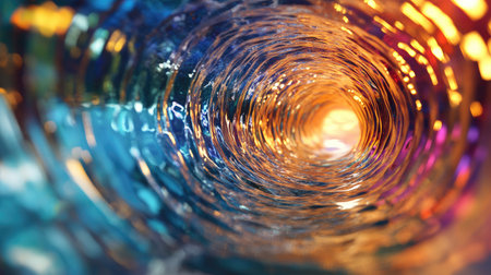 Water spiraling through a circular tunnel, forming captivating reflections and colorful patterns, creating a hypnotic, fluid motion. Concept: Water Swirling, Tunnel Patterns, Vibrant Reflectionsの素材