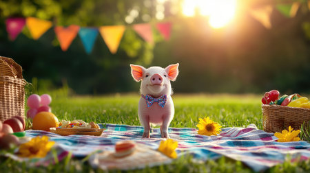A miniature pig wearing a tiny bowtie standing on a picnic blanketの素材