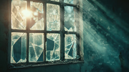A broken window with shattered glass, allowing sunlight to stream through, casting dramatic light and shadows across the scene. Concept: Broken Window, Shattered Glass, Dramatic Lightの素材