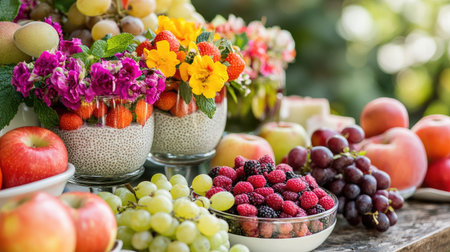 A delightful display of chia seed pudding with a variety of colorful fruit toppings, mint leaves, and flowers, beside a bowl of apples and grapes. Concept: Chia Seed Pudding, Colorful Fruit, Fresh Mint Garnishの素材