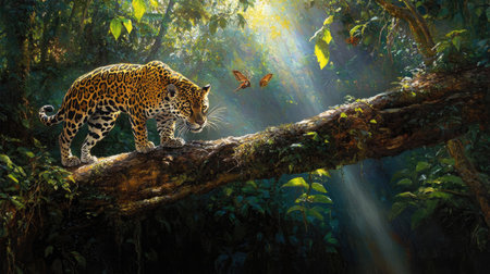 A powerful jaguar strides confidently across a weathered branch, its spotted coat glowing under dappled jungle light, embodying wild strengthの素材