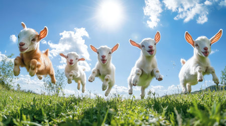 A group of baby goats jumping and playing in a sunny meadowの素材