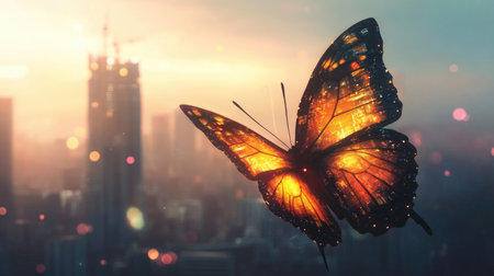 A creatively illustrated butterfly, its wings glowing with a vibrant cityscape design, floating against a soft urban blur, blending nature and modernity. Concept: Glowing Butterfly Art, Urban Background, Surreal Designの素材