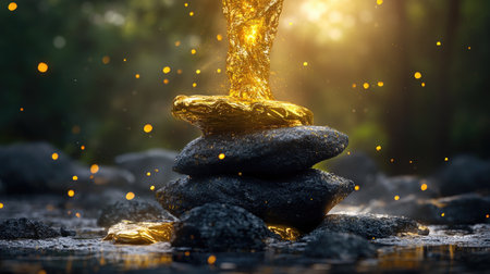 A mesmerizing flow of molten gold streams over stacked dark stones, creating a mystical, alchemical image filled with warmth and transformationの素材