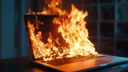 A close-up of a laptop on fire caused by a defective lithium battery, emphasizing the importance of fire prevention and safety with electronic devices. Concept: Laptop Fire, Thermal Runaway, Battery Safetyの素材