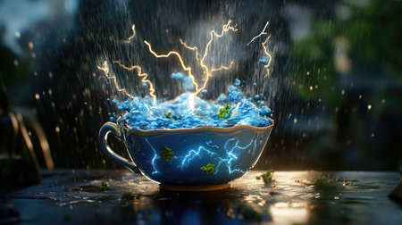 A porcelain tea cup filled with a swirling storm, tiny lightning bolts flashing inside as raindrops fall into the cup, creating a magical miniature weather systemの素材