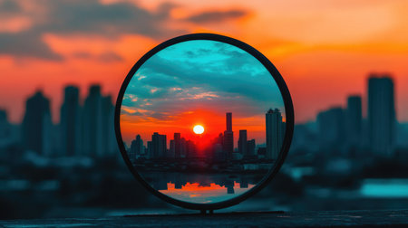 A circular mirror perfectly reflecting a sunset with a city skyline, showcasing the vibrant colors of the golden hour. Concept: City Skyline, Sunset Reflection, Round Mirror, Golden Hourの素材