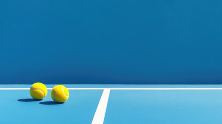 Two bright yellow tennis balls sit on a blue tennis court, with white lines marking the boundaries and a clear sky overhead. Concept: Tennis Equipment, Vibrant Color Contrast, Outdoor Sports Photographyの素材