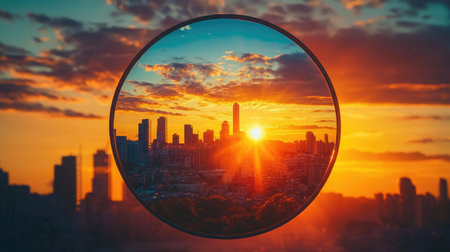 A circular mirror perfectly reflecting a sunset with a city skyline, showcasing the vibrant colors of the golden hour. Concept: City Skyline, Sunset Reflection, Round Mirror, Golden Hourの素材