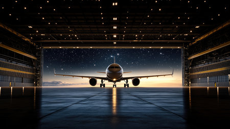 A modern airplane rests in a luminous, high-tech airport hangar as stars twinkle above, symbolizing progress and aviation futureの素材