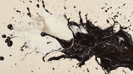 A dramatic splash of chocolate and milk with droplets splattering against a beige background, creating a visually dynamic and mouth-watering composition. Concept: Chocolate and Milk Splash, Dynamic Visual Compositionの素材