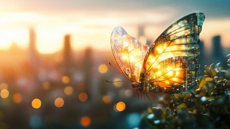 A creatively illustrated butterfly, its wings glowing with a vibrant cityscape design, floating against a soft urban blur, blending nature and modernity. Concept: Glowing Butterfly Art, Urban Background, Surreal Designの素材