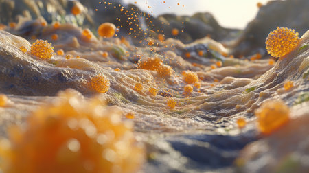 A 3D medical illustration showing basophils releasing histamine and other mediators during an allergic reaction, providing an in-depth view of immune responses. Concept: Medical Illustration, Allergic Reactions, Basophils, Histamine Releaseの素材