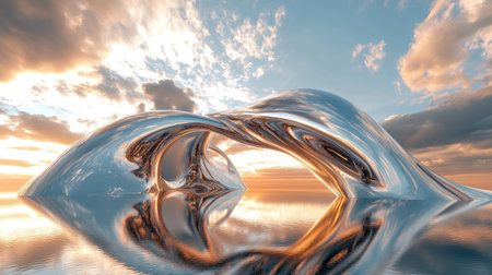 A dreamlike scene with reflective metallic structures twisting through the sky, set against a peaceful, cloud-filled horizon. Concept: Surreal Landscape, Metallic Forms, Calm Skyの素材