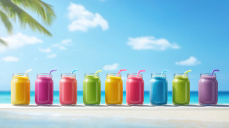 A line of colorful smoothies in glass jars sits against a bright beach backdrop, evoking a breezy, refreshing summer vibeの素材