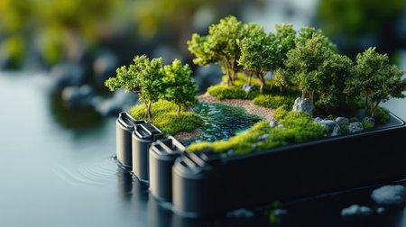 A close-up of a battery with a tiny landscape inside, complete with miniature trees and water, symbolizing the connection between technology and nature. Concept: Battery Landscape, Technology, Natureの素材