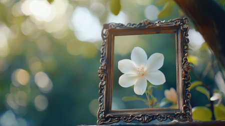A delicate white flower displayed in an ornate frame, set against a soft, blurred green background with sunlight filtering through the trees. Concept: White Flower Display, Ornate Frame, Sunlight Filtering, Blurred Green Backgroundの素材