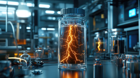 A battery prototype with a lightning effect inside, placed on a table among other batteries in a laboratory, symbolizing advanced energy research. Concept: Battery Research, Lightning Effect, Labの素材
