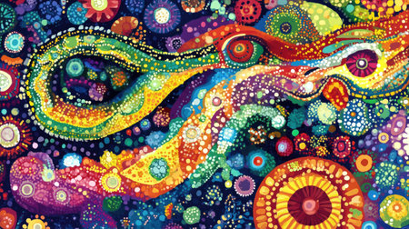 A colorful Australian Aboriginal Dreamtime creation story, depicted through vivid artwork of a rainbow serpent and symbolic natural elements. Concept: Aboriginal Art, Dreamtime Creation, Rainbow Serpentの素材