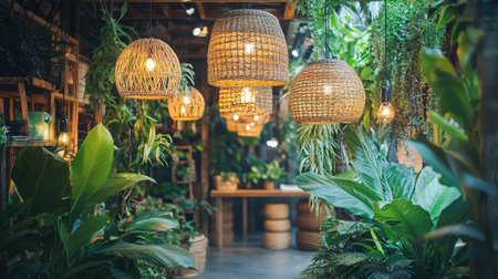 A cozy indoor scene with woven lights and baskets, surrounded by vibrant greenery, creating an inviting and natural aesthetic. Concept: Indoor Decor Inspiration, Woven Lights, Greenery Accentsの素材