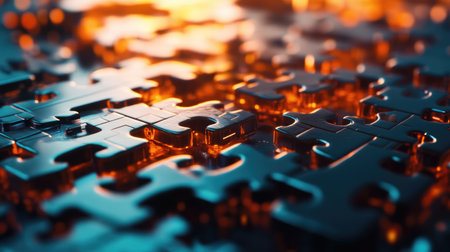 A 3D-rendered puzzle structure slowly transforming into a dynamic digital network, symbolizing problem-solving and innovation. Concept: Puzzle Structure, Digital Solution, Transformationの素材