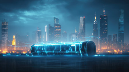 A futuristic battery emitting blue energy lines towards a city skyline, symbolizing sustainable energy for future urban developments. Concept: Battery, Urban Future, Energy Connectivityの素材