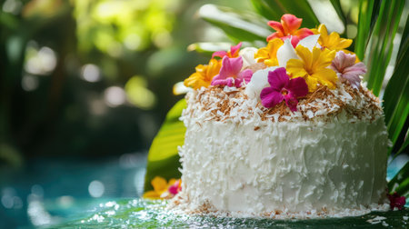 A beautifully decorated cake topped with coconut shavings and colorful flowers, set against a tropical background with greenery and water. Concept: Tropical Cake, Coconut Toppings, Floral Decorationsの素材