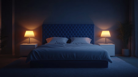 A chic bedroom featuring a deep blue tufted headboard, crisp white bedding, and two glowing nightstand lamps, blending modern design with warmth. Concept: Stylish Bedroom, Tufted Headboard, Modern Interior, Nightstand Lightingの素材