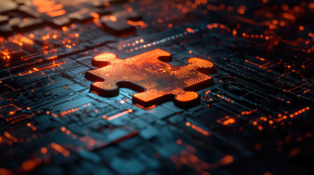 A 3D-rendered puzzle transitioning into a sophisticated digital network, representing technology and problem-solving. Concept: Puzzle Morphing, Digital Transformation, Innovationの素材