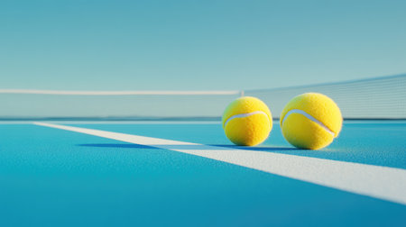 Two bright yellow tennis balls sit on a blue tennis court, with white lines marking the boundaries and a clear sky overhead. Concept: Tennis Equipment, Vibrant Color Contrast, Outdoor Sports Photographyの素材