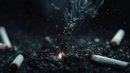 A close-up of a lit cigarette falling with ashes on a black backdrop, surrounded by cigarettes, representing the harmful effects of smoking and addiction. Concept: Smoking Addiction, Cigarette Danger, Ashes, Health Risksの素材