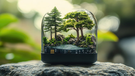 A battery placed on a stone surface, with a miniature landscape featuring tiny trees, water, and nature elements inside, illustrating the fusion of nature and technology. Concept: Battery, Miniature Landscape, Nature Tech Synergyの素材